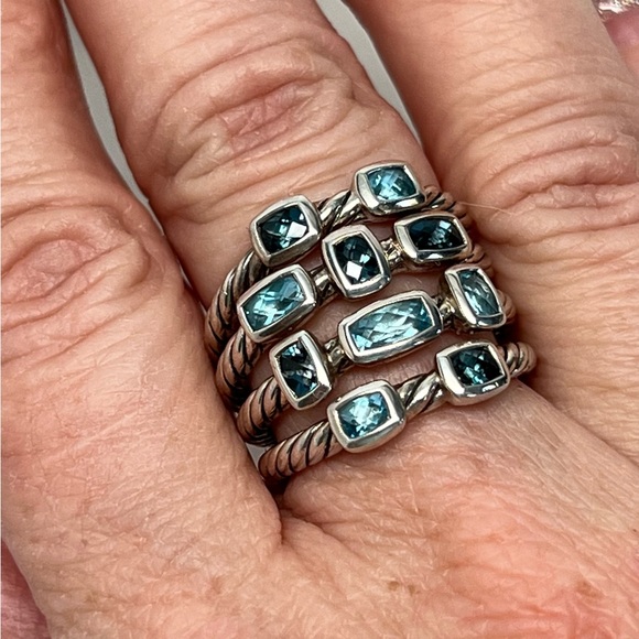 David Yurman 5 Row Confetti Ring Blue/Hampton Blue Topaz .925 Sterling Silver - Picture 7 of 9